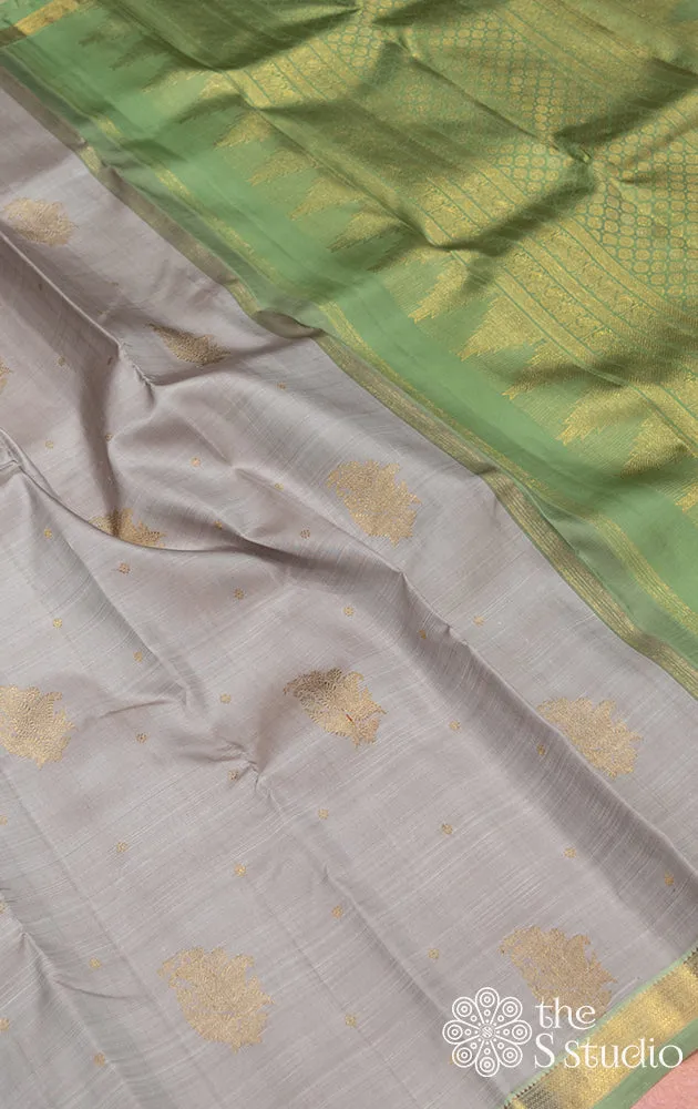 Grey kanchipuram silk saree with green border