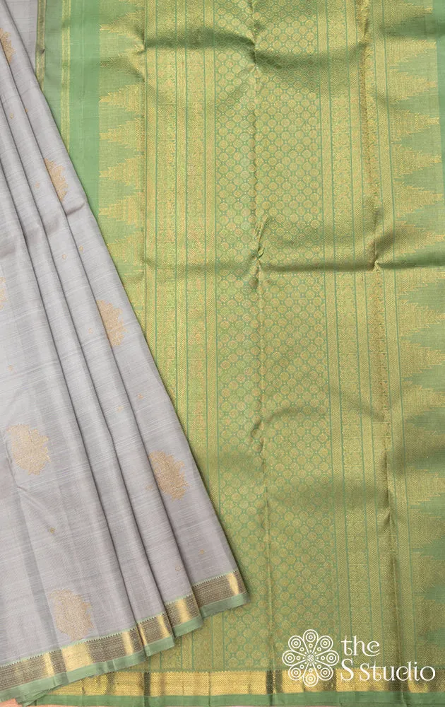Grey kanchipuram silk saree with green border