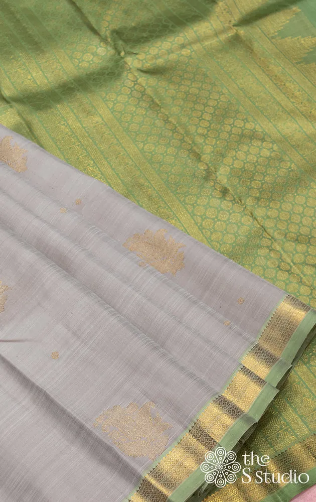 Grey kanchipuram silk saree with green border