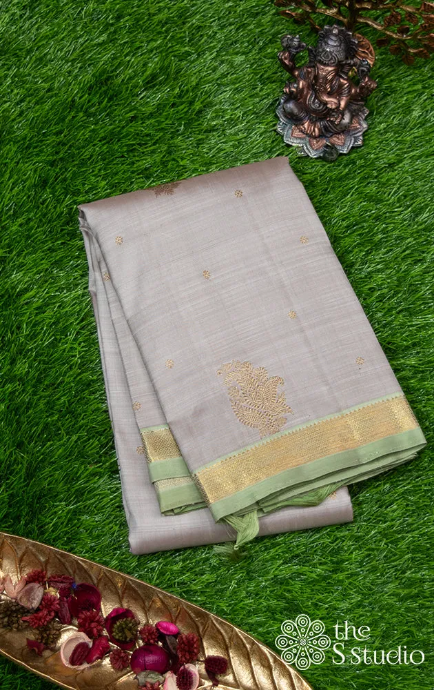 Grey kanchipuram silk saree with green border