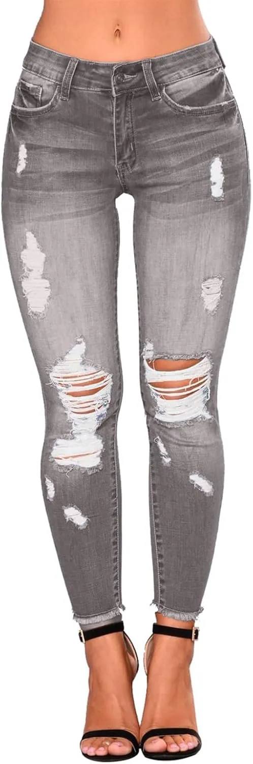 Gumipy Ripped Jeans Womens Skinny Distressed Stretchy Jeans Trendy Button Up High Waisted Jeans Curvy Jeans with Pockets