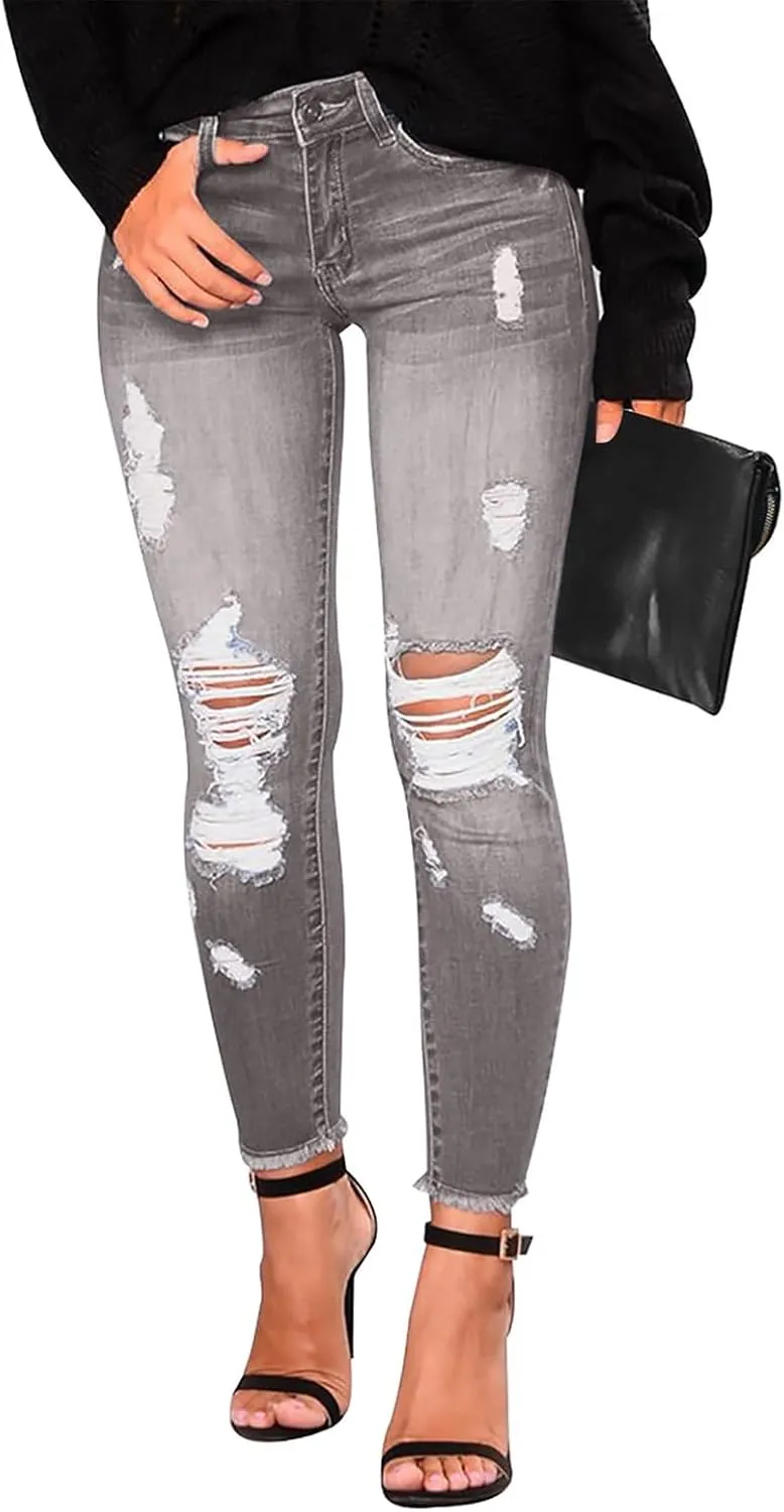 Gumipy Ripped Jeans Womens Skinny Distressed Stretchy Jeans Trendy Button Up High Waisted Jeans Curvy Jeans with Pockets
