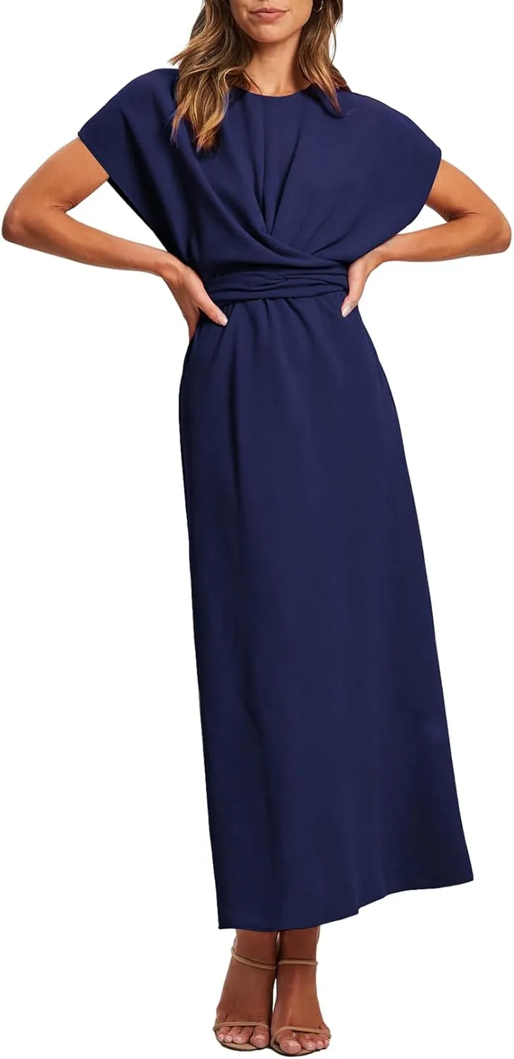 Happy Sailed Womens Formal Dress 2025 Trendy Elegant Batwing Sleeve Front Wrap Tie Waist Long Maxi Cocktail Party Dresses