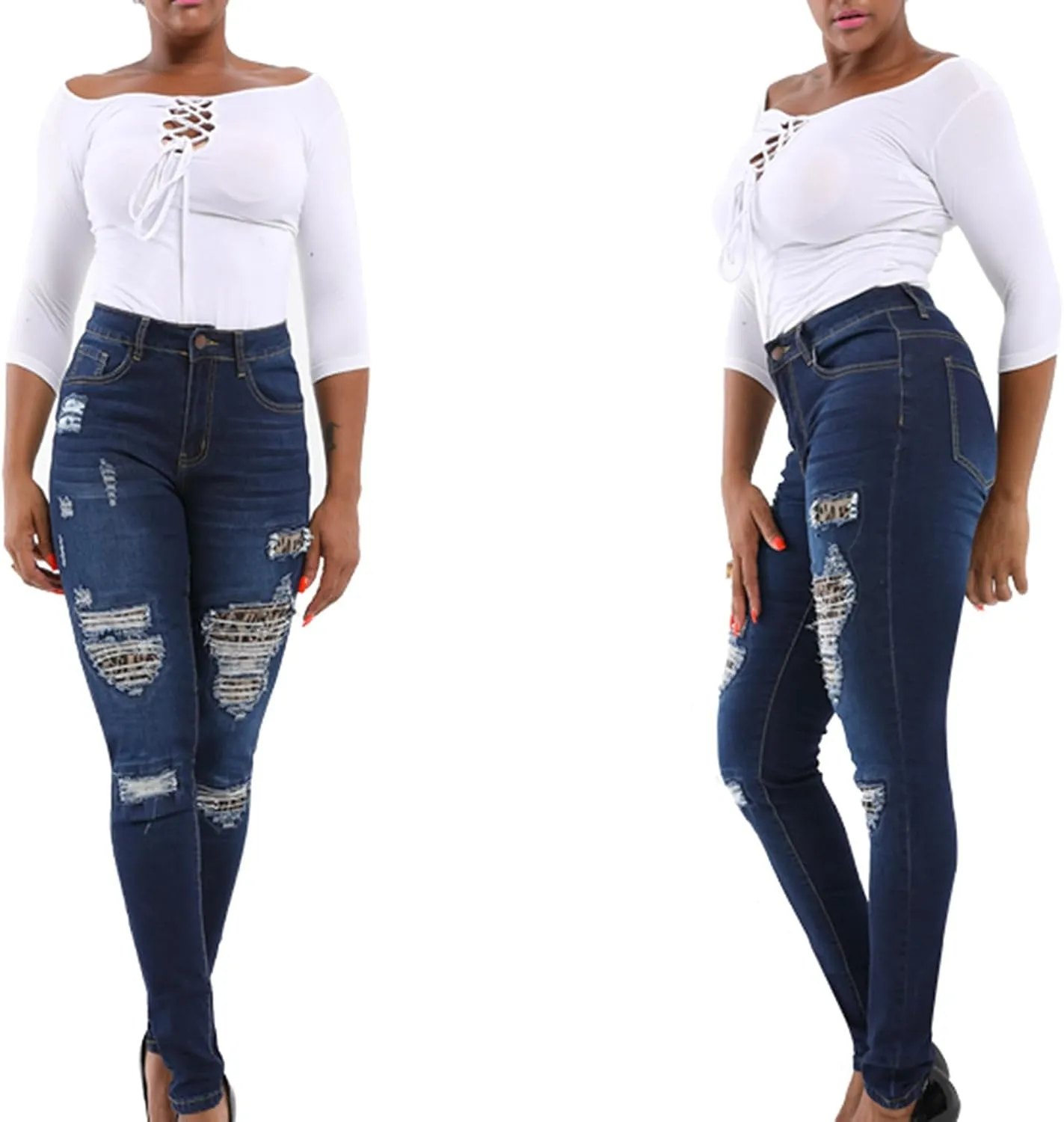 HGps8w Women's Ripped Destroyed Skinny Jeans, Chic High Waisted Slim Fit Stretchy Denim Pants with Pockets