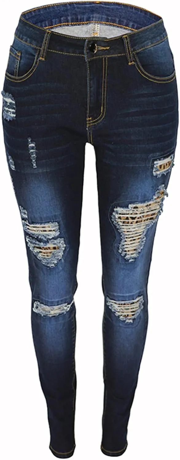 HGps8w Women's Ripped Destroyed Skinny Jeans, Chic High Waisted Slim Fit Stretchy Denim Pants with Pockets