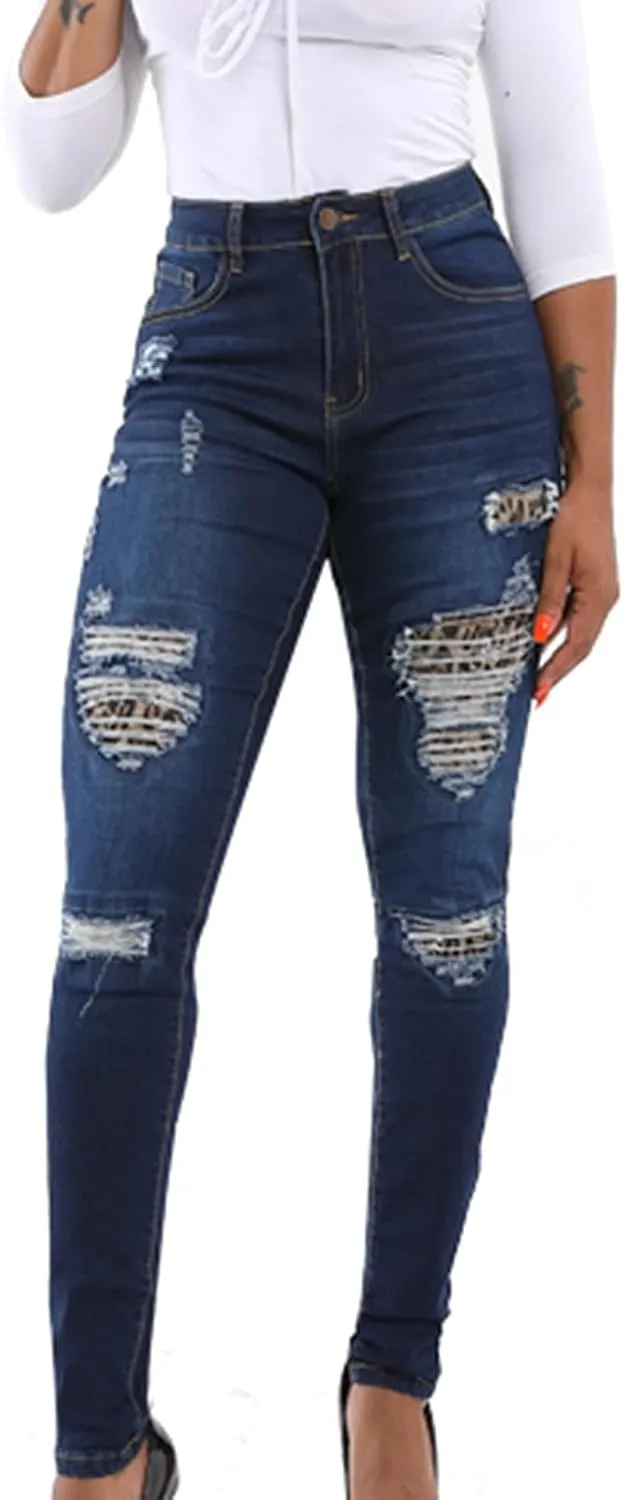 HGps8w Women's Ripped Destroyed Skinny Jeans, Chic High Waisted Slim Fit Stretchy Denim Pants with Pockets