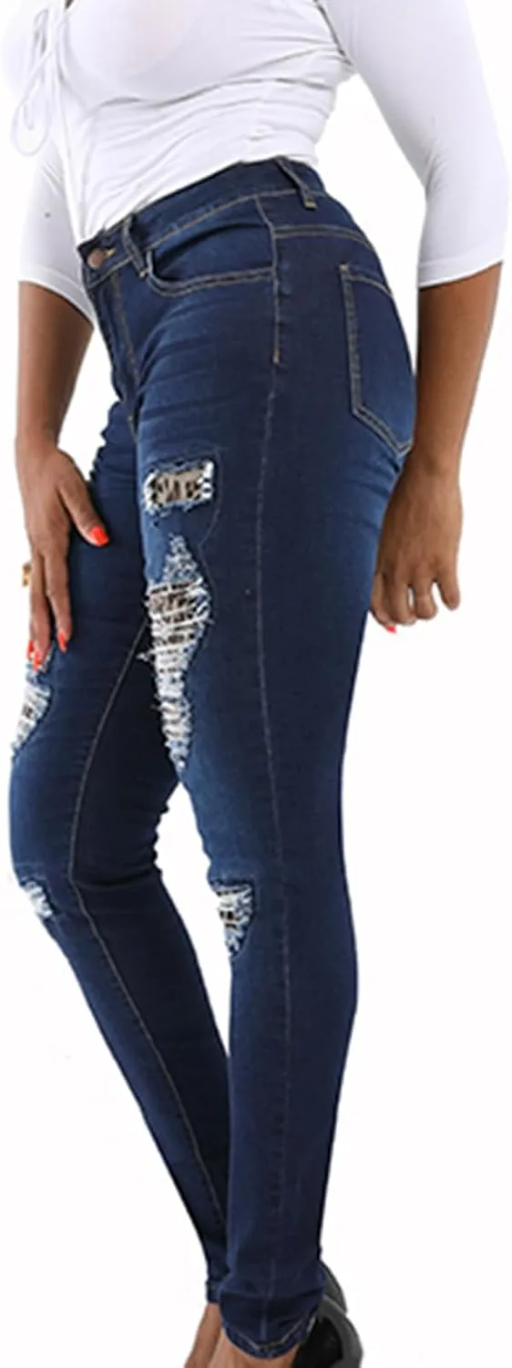HGps8w Women's Ripped Destroyed Skinny Jeans, Chic High Waisted Slim Fit Stretchy Denim Pants with Pockets