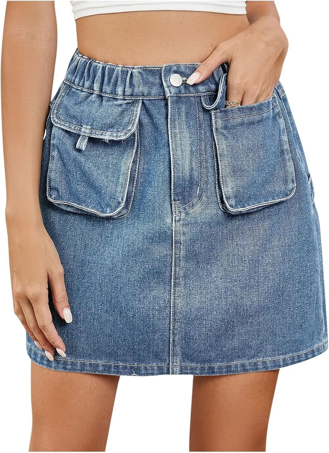 HGps8w Women's Summer Mini Denim Skirt Elastic High Waisted Short Cargo Skirts Teen Girls Chic Jean Skirt with Pockets