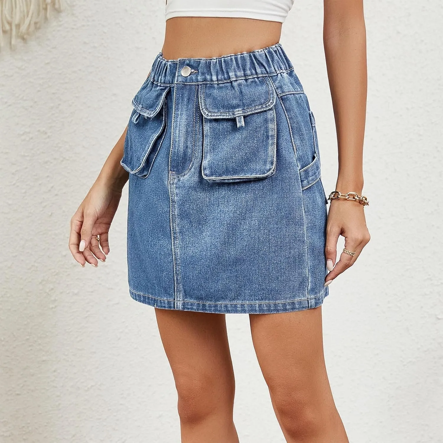 HGps8w Women's Summer Mini Denim Skirt Elastic High Waisted Short Cargo Skirts Teen Girls Chic Jean Skirt with Pockets