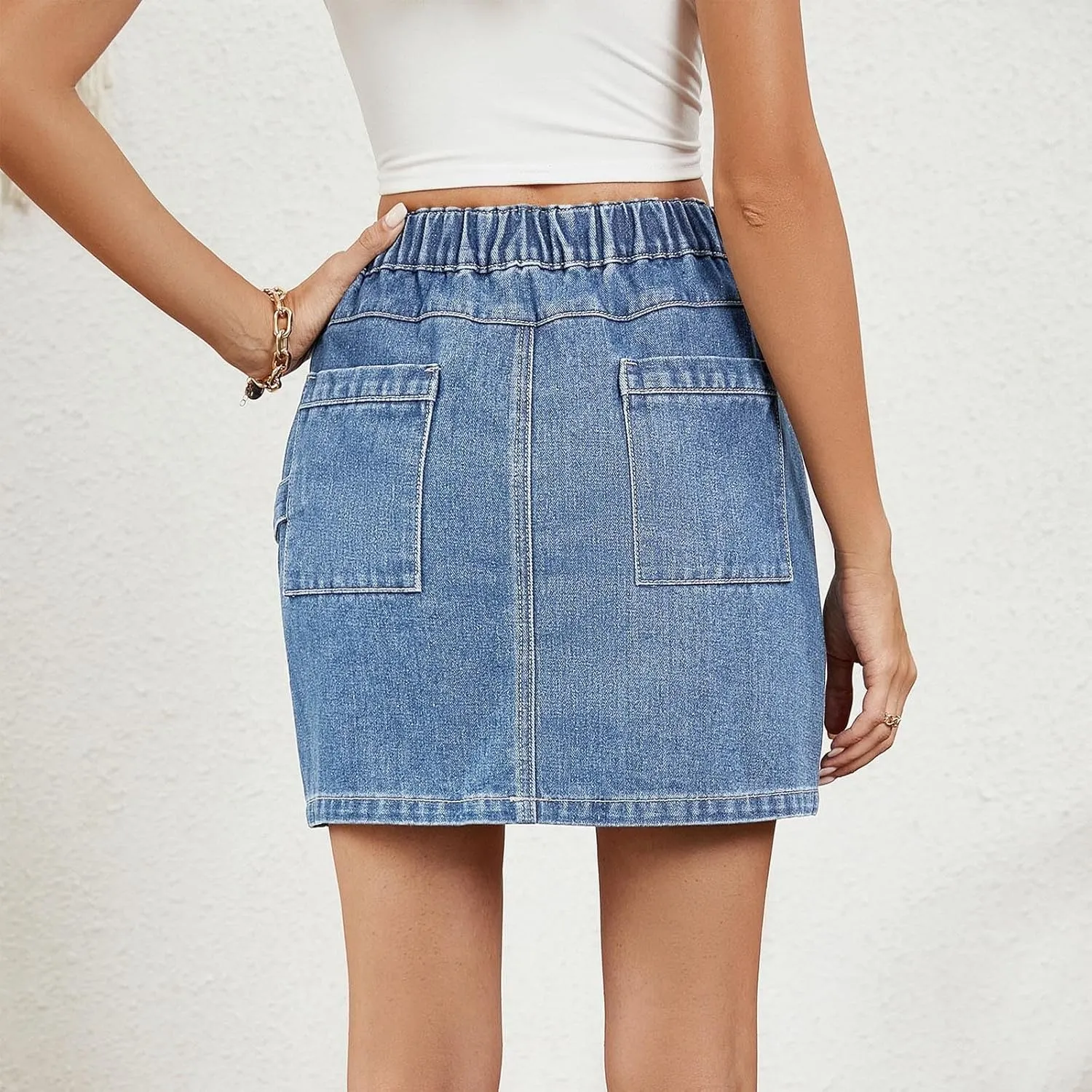 HGps8w Women's Summer Mini Denim Skirt Elastic High Waisted Short Cargo Skirts Teen Girls Chic Jean Skirt with Pockets