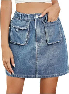 HGps8w Women's Summer Mini Denim Skirt Elastic High Waisted Short Cargo Skirts Teen Girls Chic Jean Skirt with Pockets