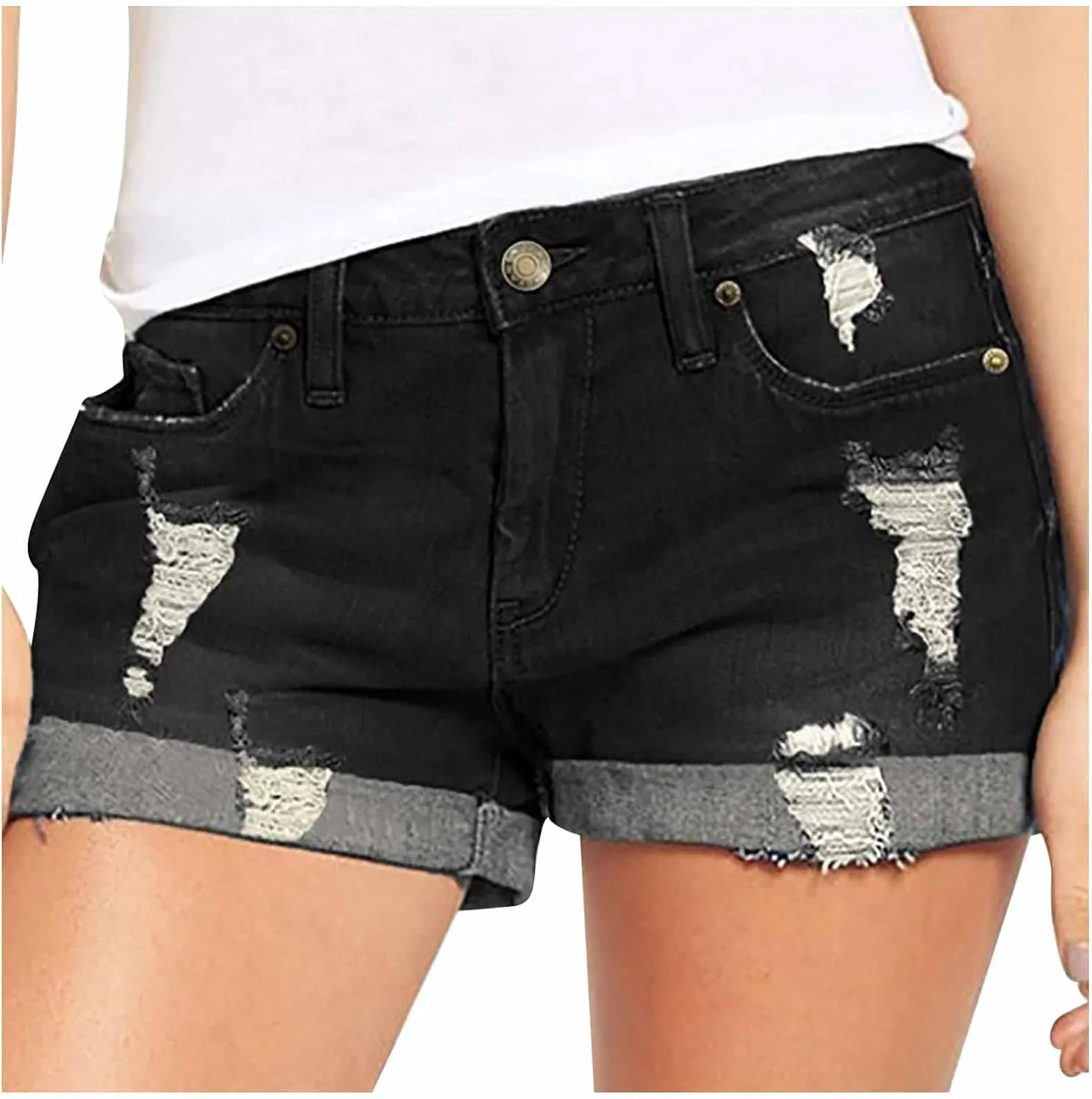 HGps8w Womens Teen Girls Chic Jean Shorts Distressed Ripped Denim Shorts High Waisted Casual Summer Streetwear Shorts