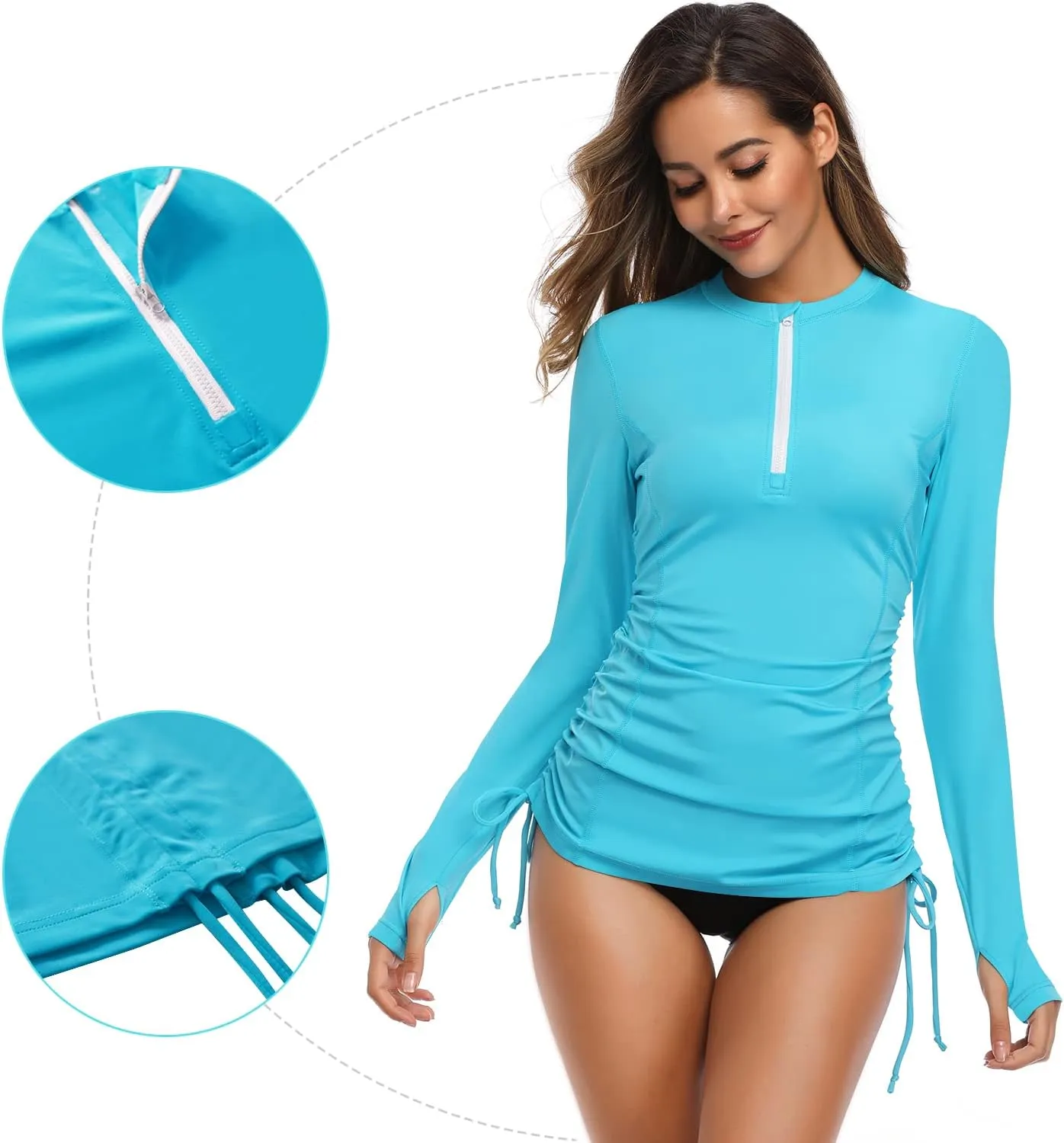 HISKYWIN Women's Long Sleeve UV Sun Protection Rash Guard Side Adjustable Wetsuit Swimsuit Top