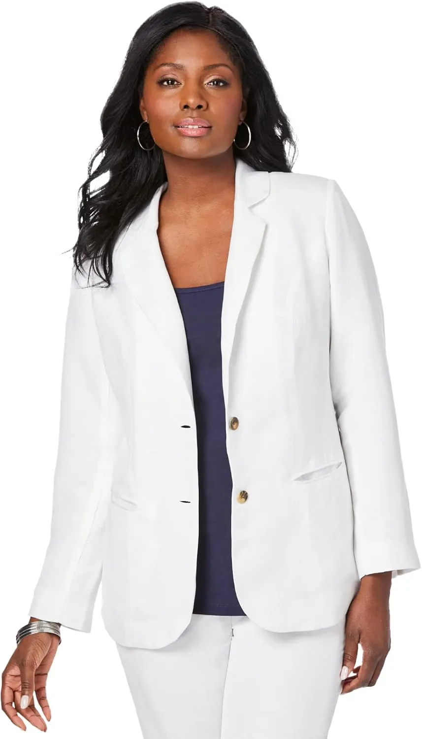 Jessica London Women's Plus Size Casual Long Sleeve Linen Blazer Jacket with Pockets