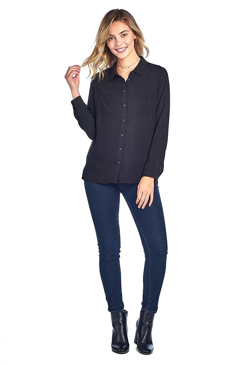 Khanomak Classic Long Sleeve Collar Light Weight Chiffon Button Front Shirt Top