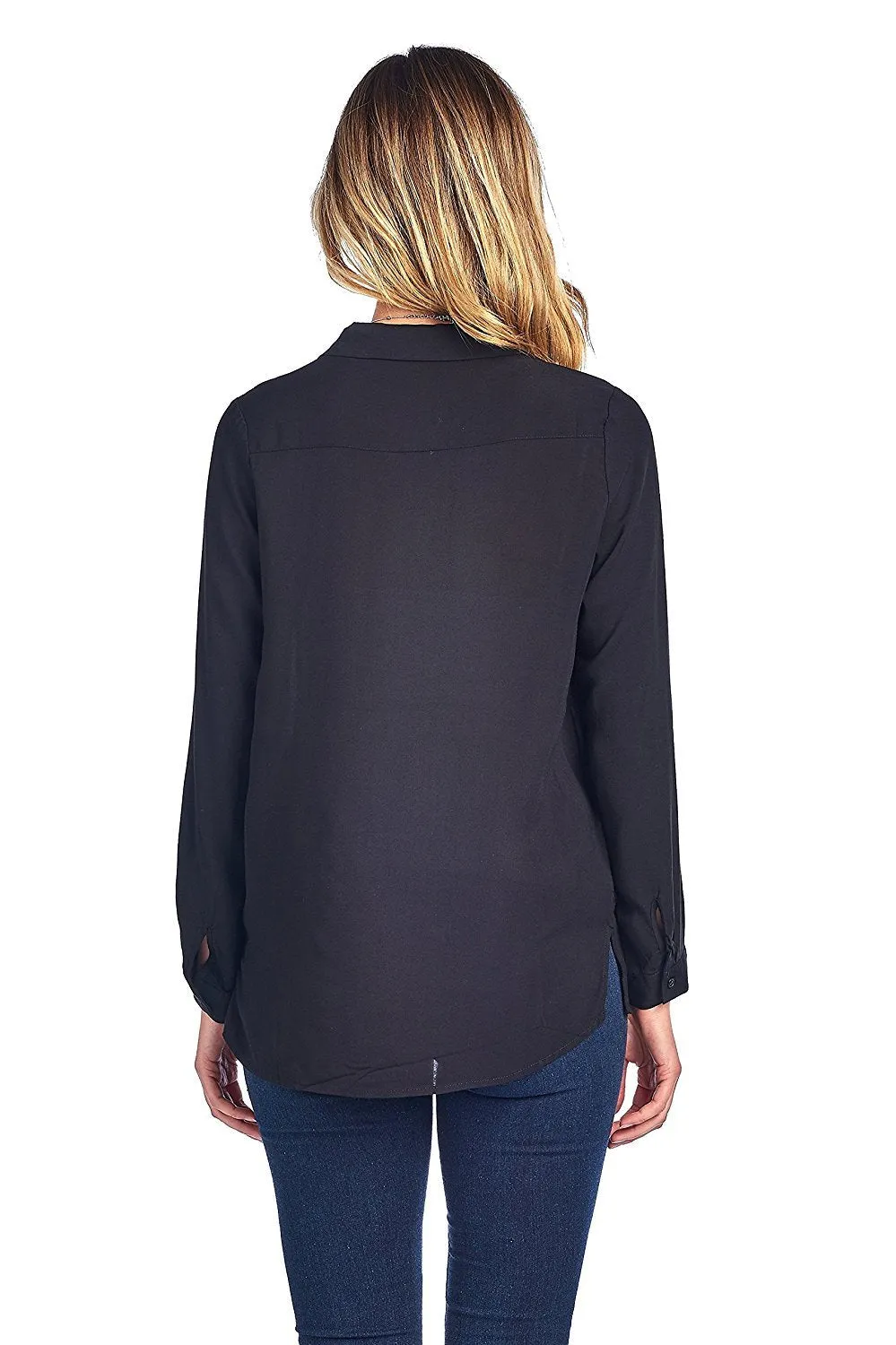 Khanomak Classic Long Sleeve Collar Light Weight Chiffon Button Front Shirt Top