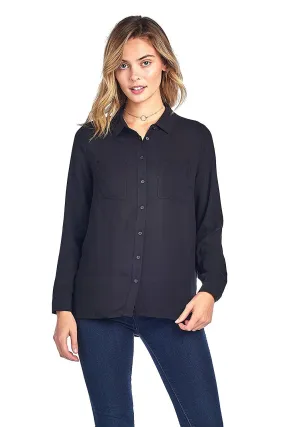 Khanomak Classic Long Sleeve Collar Light Weight Chiffon Button Front Shirt Top