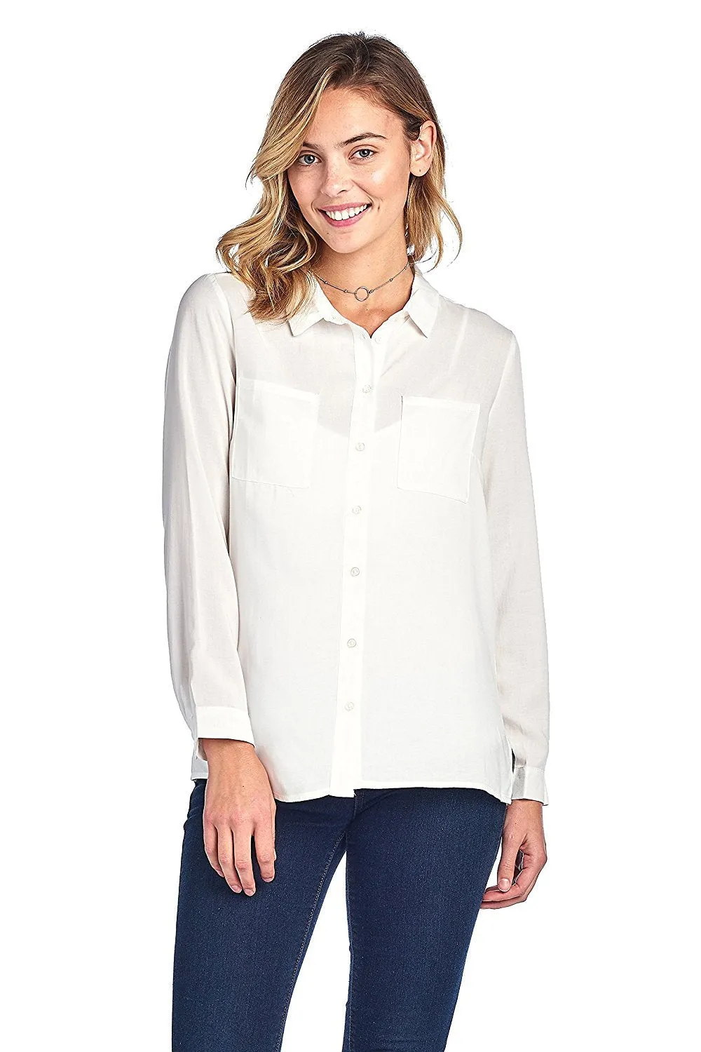 Khanomak Classic Long Sleeve Collar Light Weight Chiffon Button Front Shirt Top