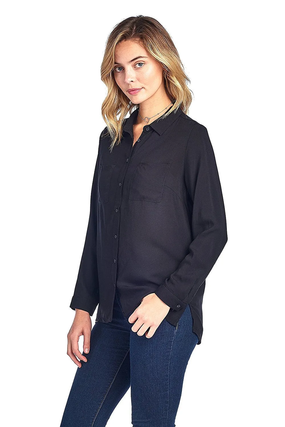 Khanomak Classic Long Sleeve Collar Light Weight Chiffon Button Front Shirt Top
