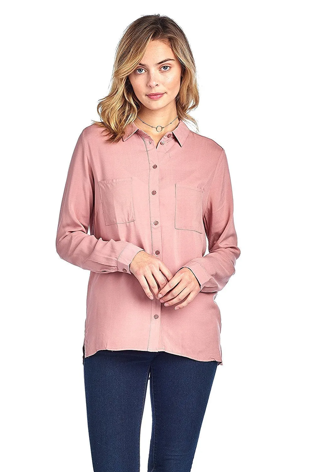 Khanomak Classic Long Sleeve Collar Light Weight Chiffon Button Front Shirt Top