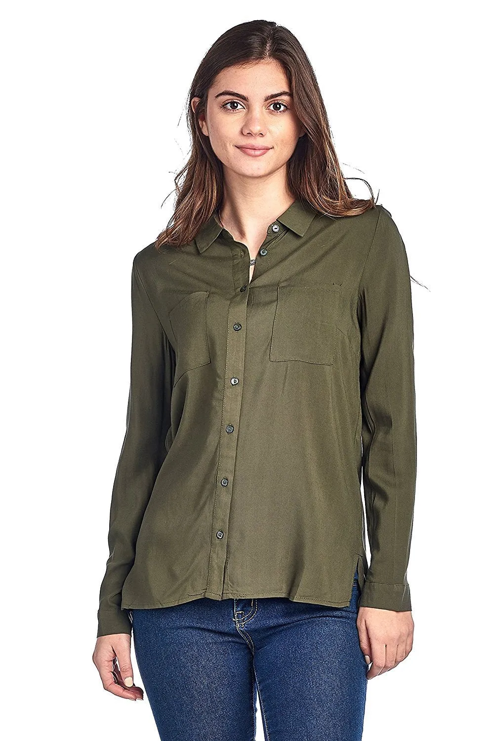 Khanomak Classic Long Sleeve Collar Light Weight Chiffon Button Front Shirt Top