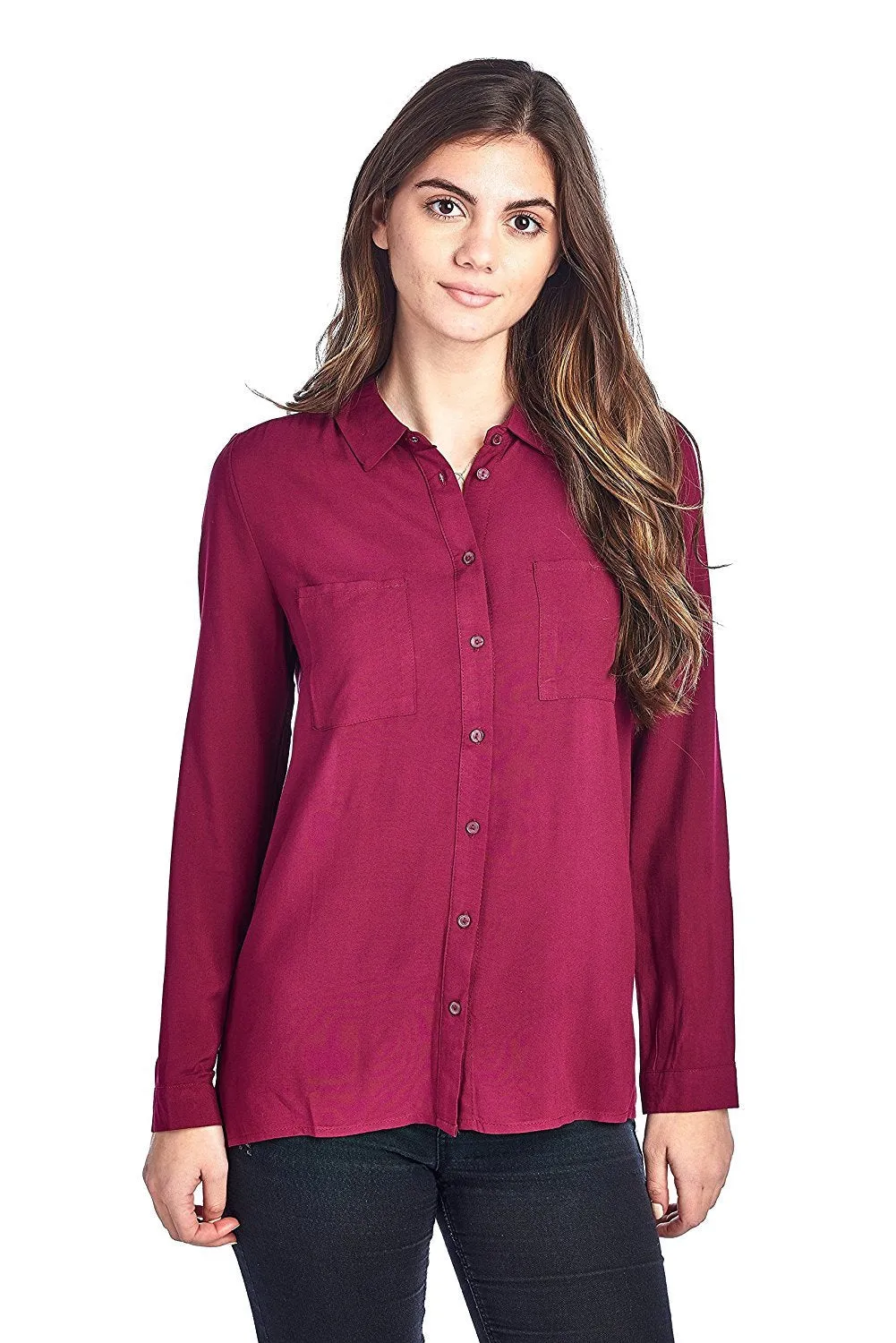Khanomak Classic Long Sleeve Collar Light Weight Chiffon Button Front Shirt Top