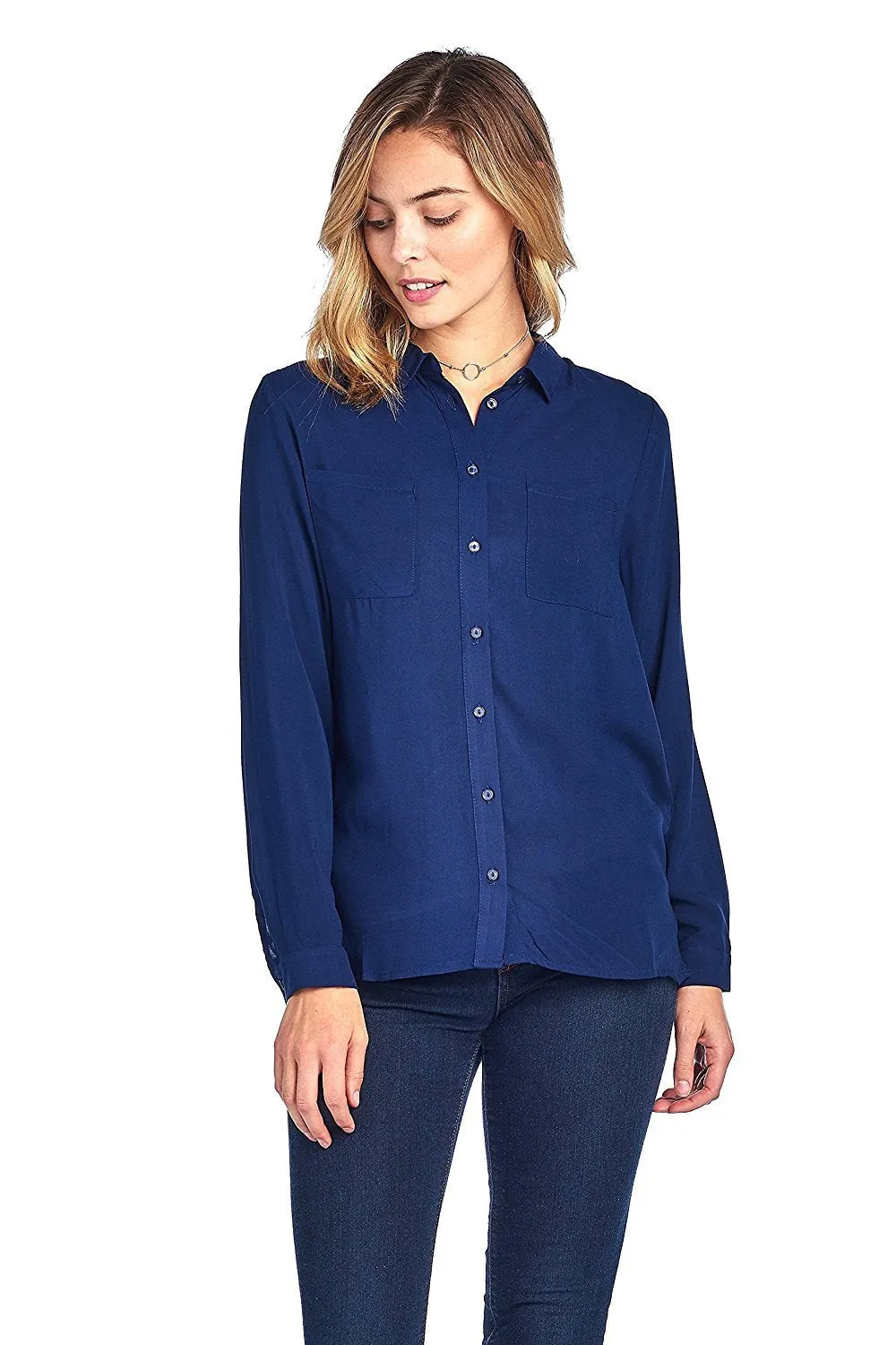 Khanomak Classic Long Sleeve Collar Light Weight Chiffon Button Front Shirt Top