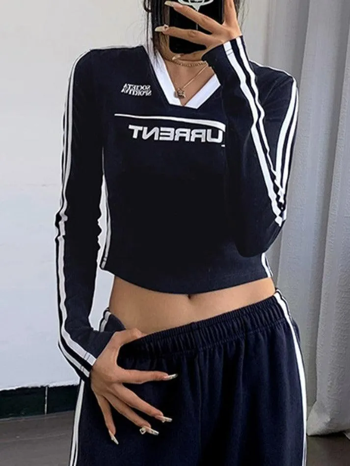 Letter Print Stripe V Neck Long Sleeve Tee