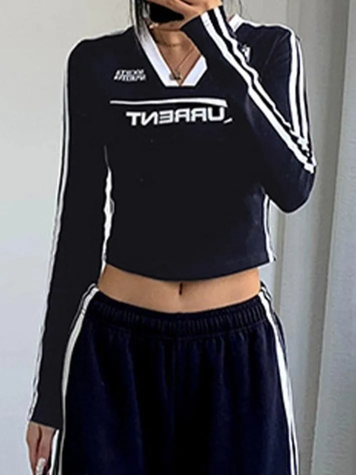 Letter Print Stripe V Neck Long Sleeve Tee