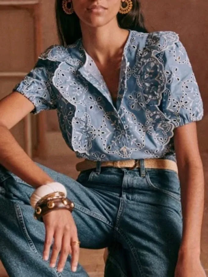 Light blue ruffles and lace top