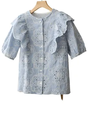 Light blue ruffles and lace top