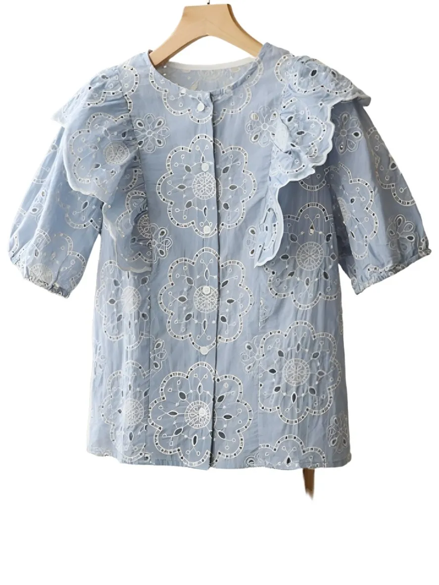 Light blue ruffles and lace top