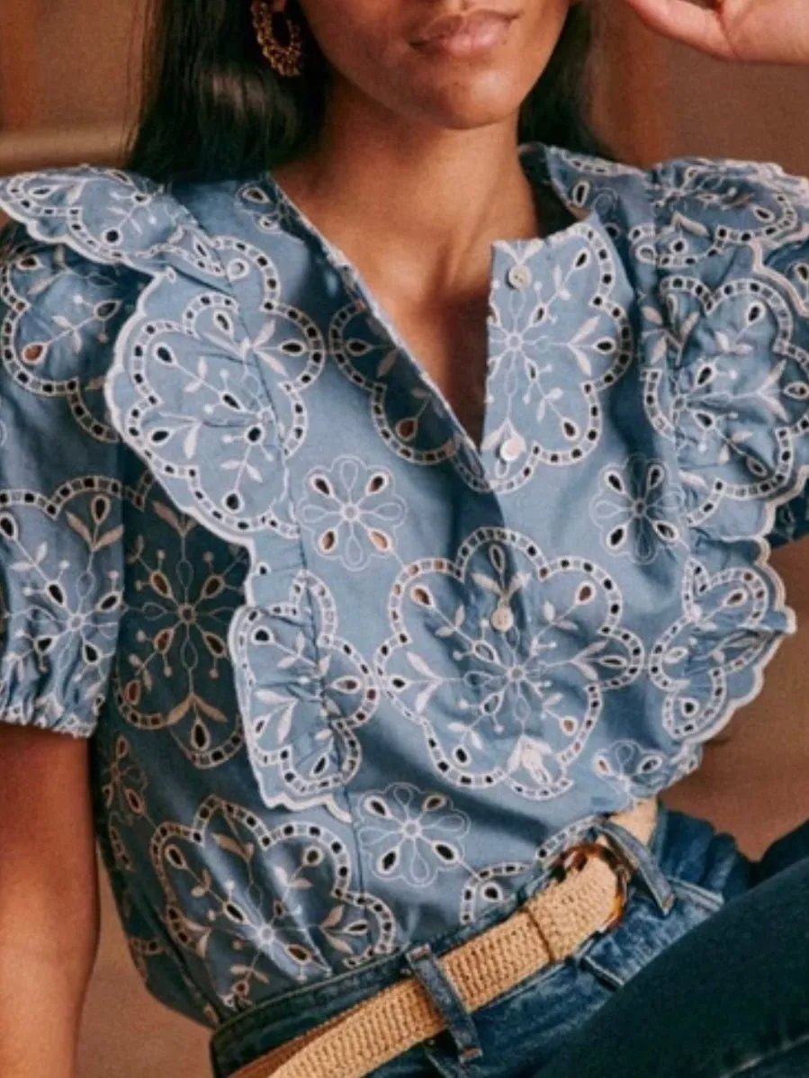 Light blue ruffles and lace top