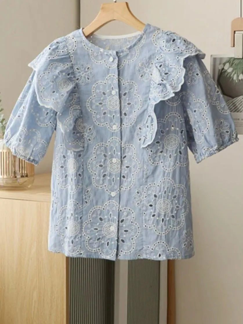 Light blue ruffles and lace top