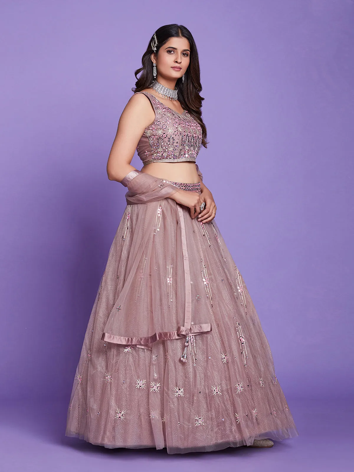 Light Brown Net Stitched Lehenga Choli