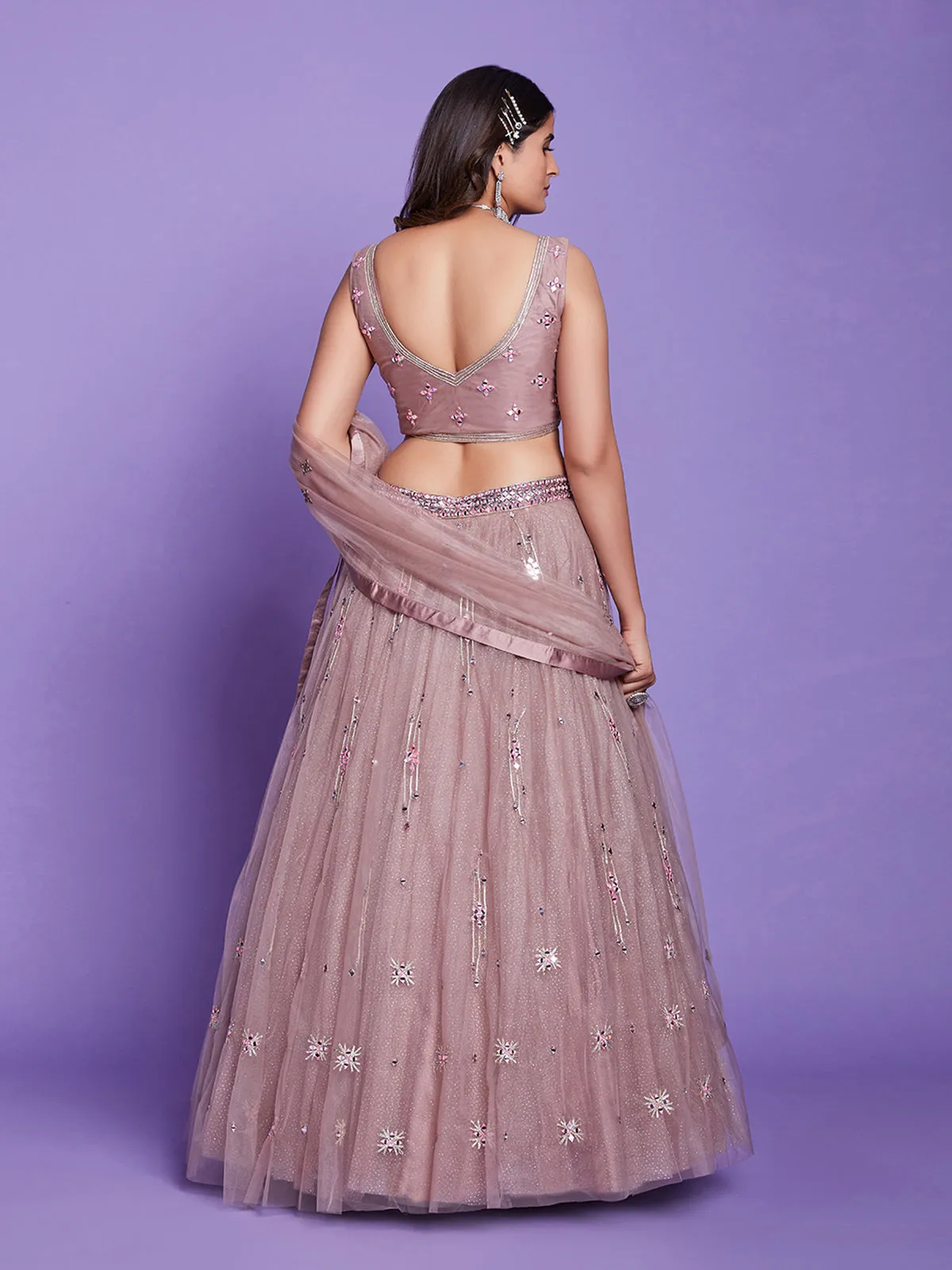 Light Brown Net Stitched Lehenga Choli