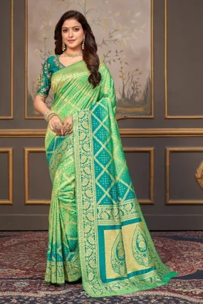 Light Green Malai Silk Bandhani Print Saree With Light Blue Blouse
