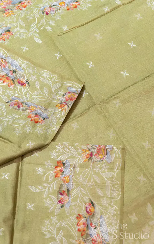 Light green semi tussar saree with woven border