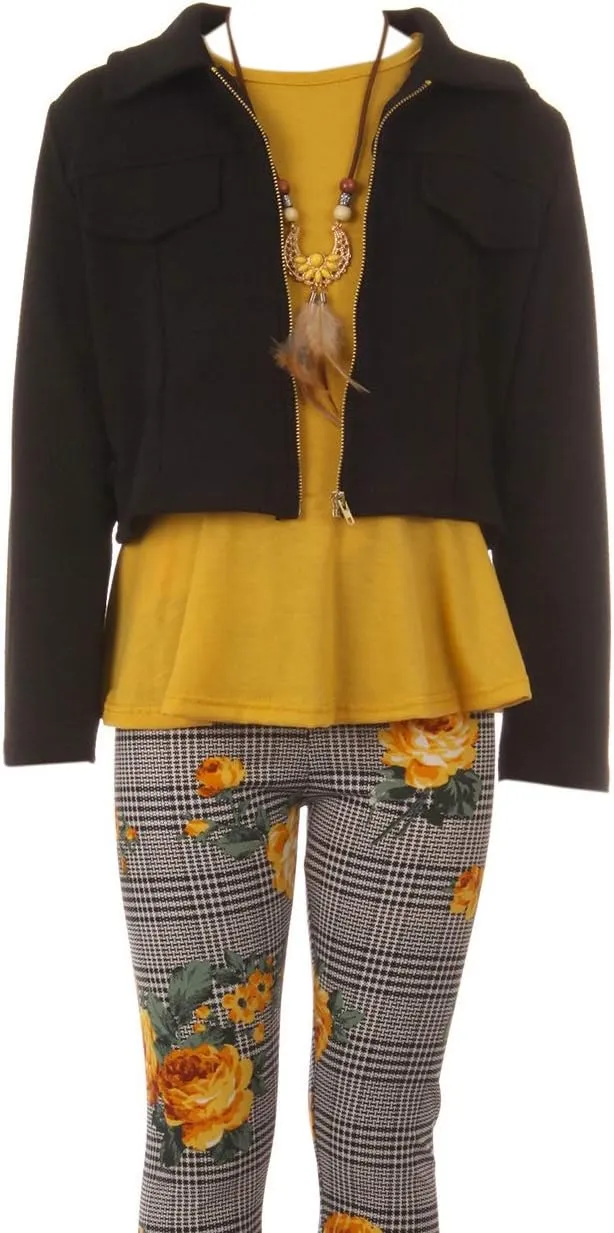 Little Girl Jackets Necklace Shirt Tank Pant Legging Girls 4 Pieces Clothing Set