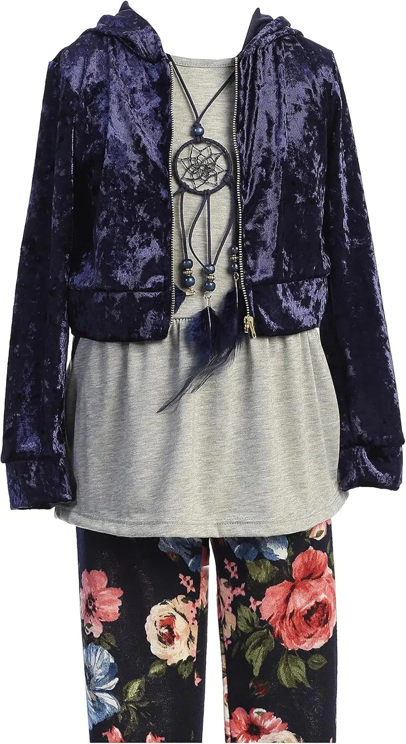 Little Girl Jackets Necklace Shirt Tank Pant Legging Girls 4 Pieces Clothing Set