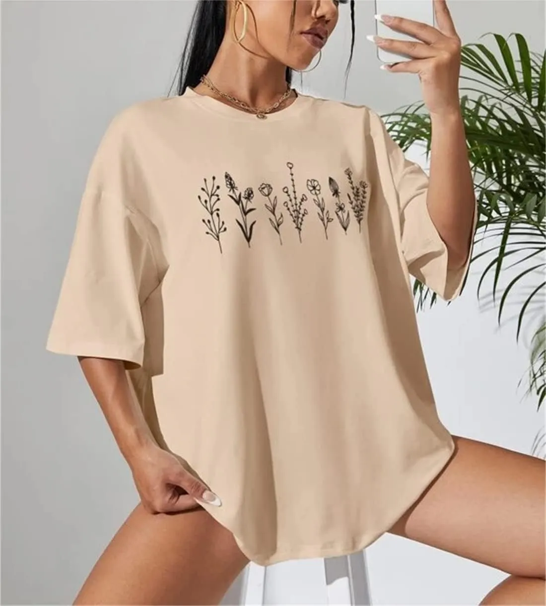 LOFAAC Women Cute Floral Print Drop Shoulder Oversized T-Shirt Casual Preppy Short Sleeve Crewneck Loose Tee Top 90s