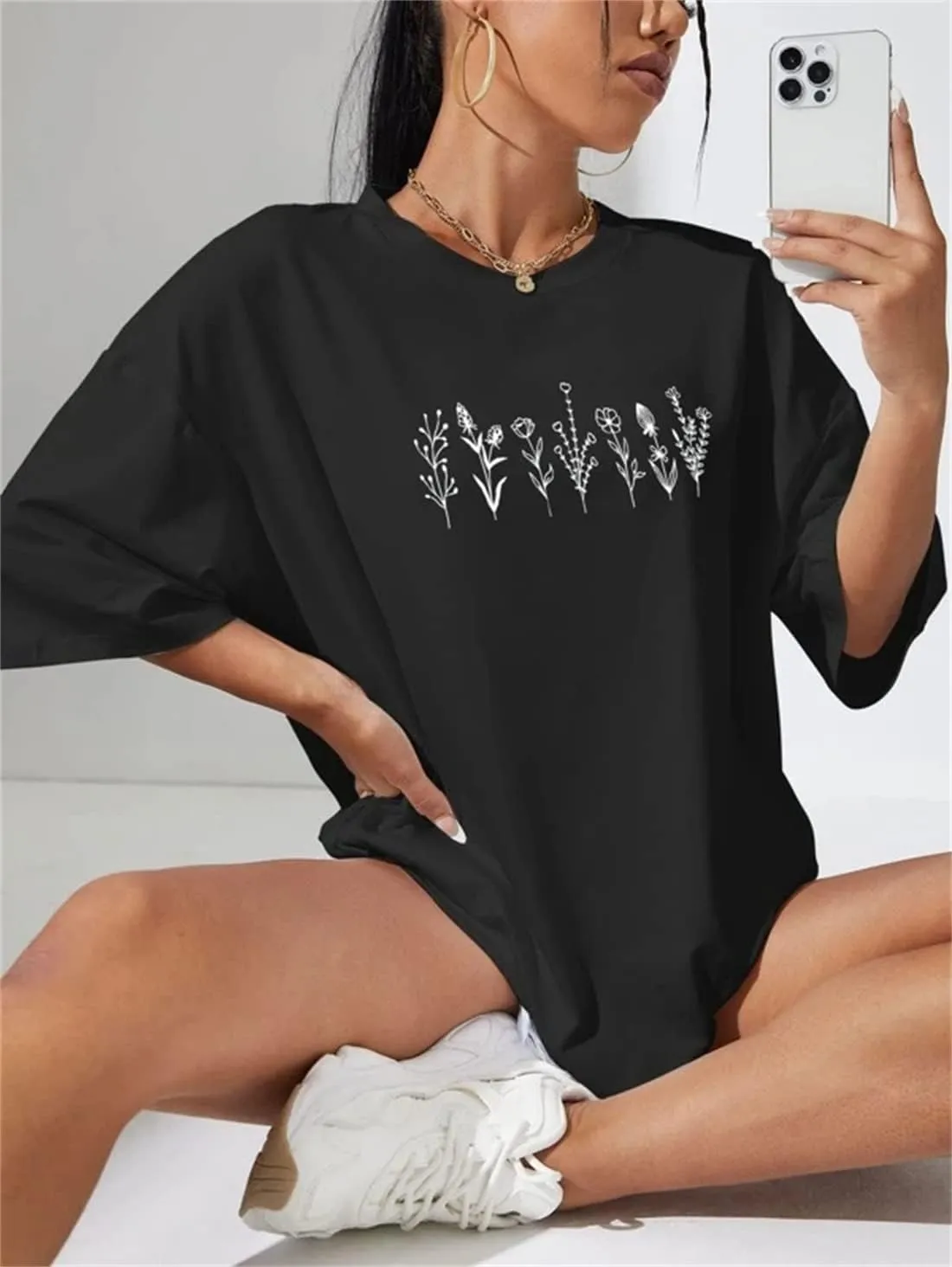 LOFAAC Women Cute Floral Print Drop Shoulder Oversized T-Shirt Casual Preppy Short Sleeve Crewneck Loose Tee Top 90s