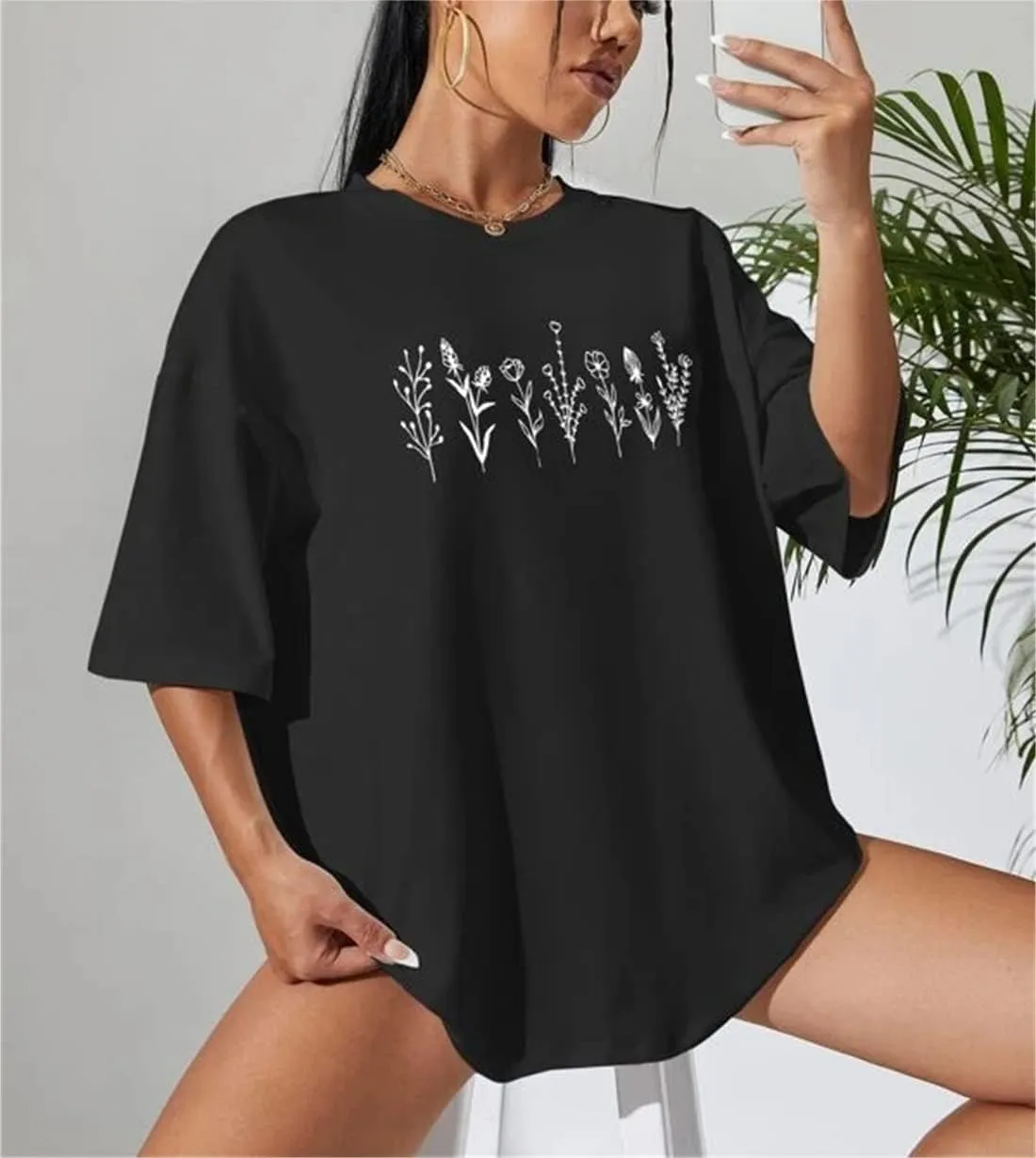 LOFAAC Women Cute Floral Print Drop Shoulder Oversized T-Shirt Casual Preppy Short Sleeve Crewneck Loose Tee Top 90s