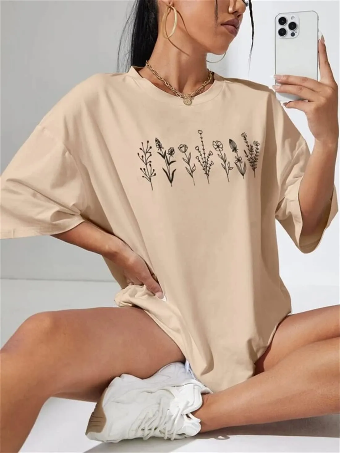 LOFAAC Women Cute Floral Print Drop Shoulder Oversized T-Shirt Casual Preppy Short Sleeve Crewneck Loose Tee Top 90s