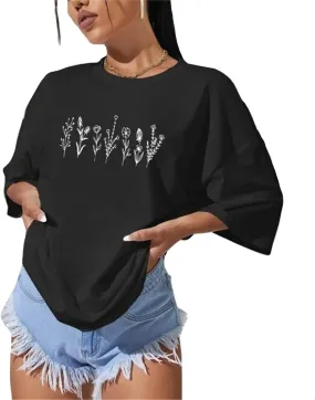 LOFAAC Women Cute Floral Print Drop Shoulder Oversized T-Shirt Casual Preppy Short Sleeve Crewneck Loose Tee Top 90s
