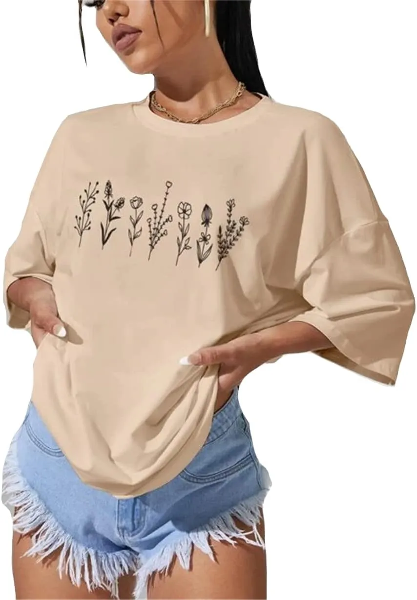 LOFAAC Women Cute Floral Print Drop Shoulder Oversized T-Shirt Casual Preppy Short Sleeve Crewneck Loose Tee Top 90s