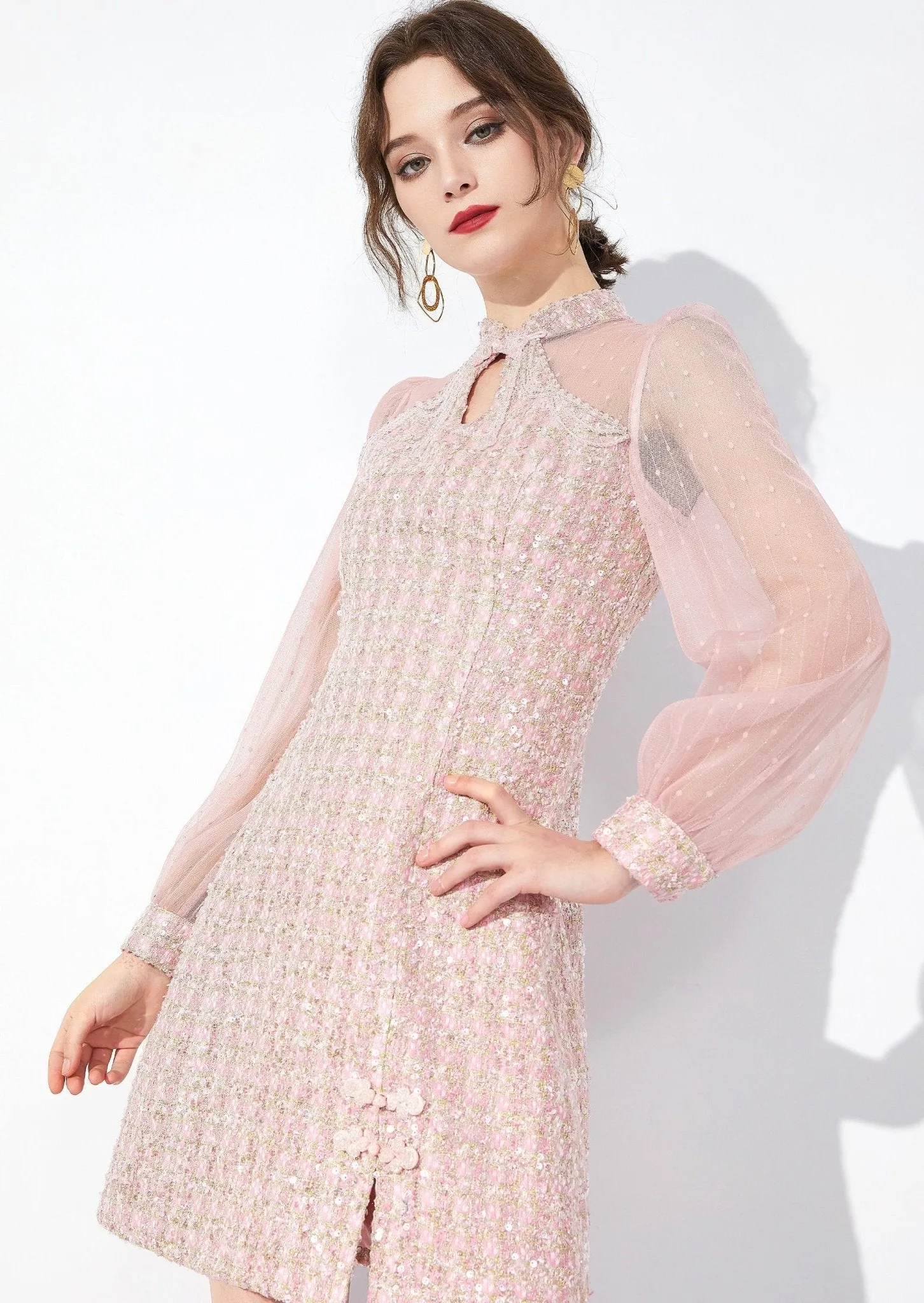 MANDARIN COLLAR MIXED TWEED DRESS