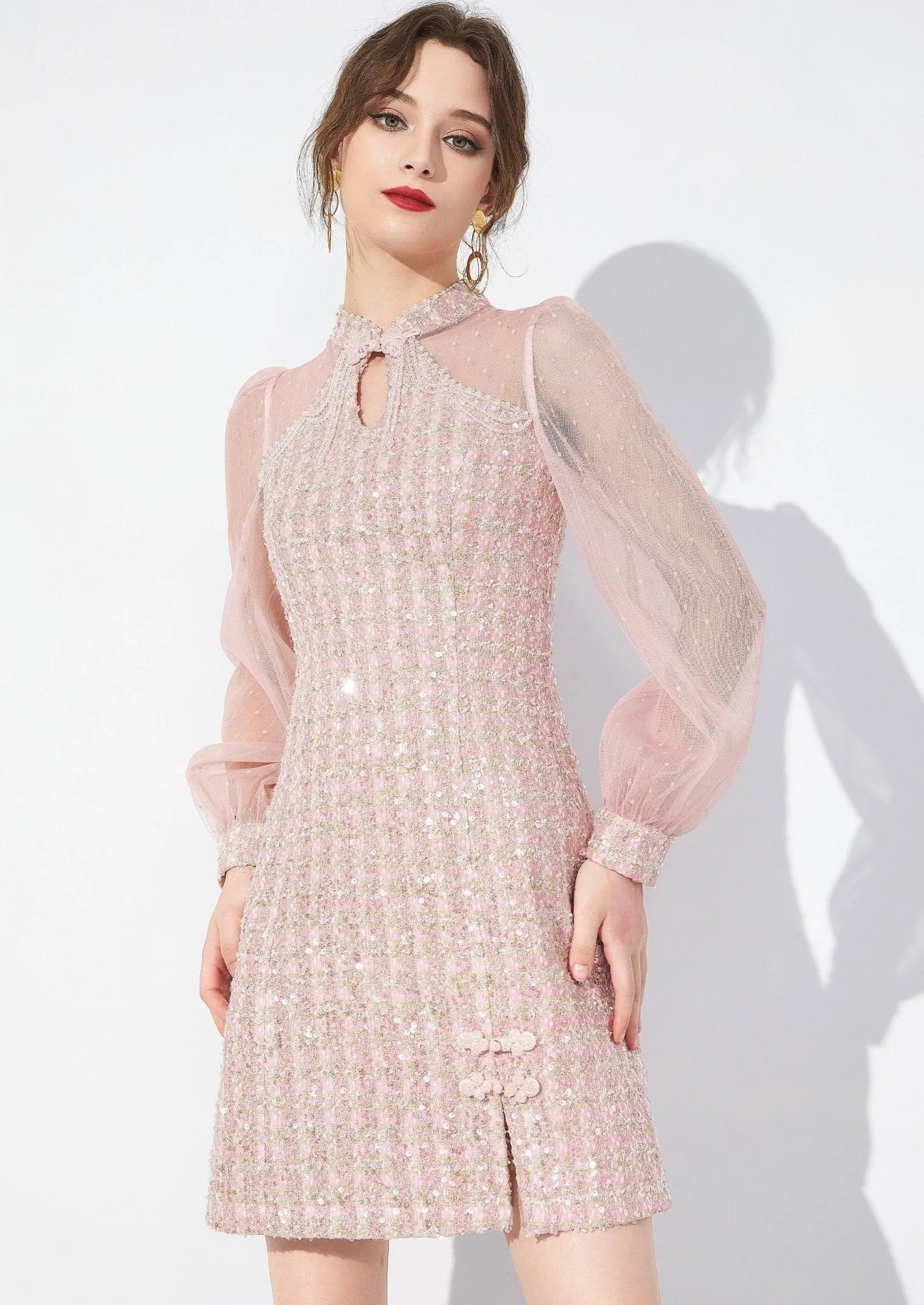 MANDARIN COLLAR MIXED TWEED DRESS