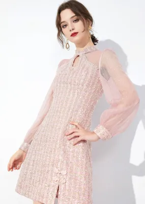 MANDARIN COLLAR MIXED TWEED DRESS