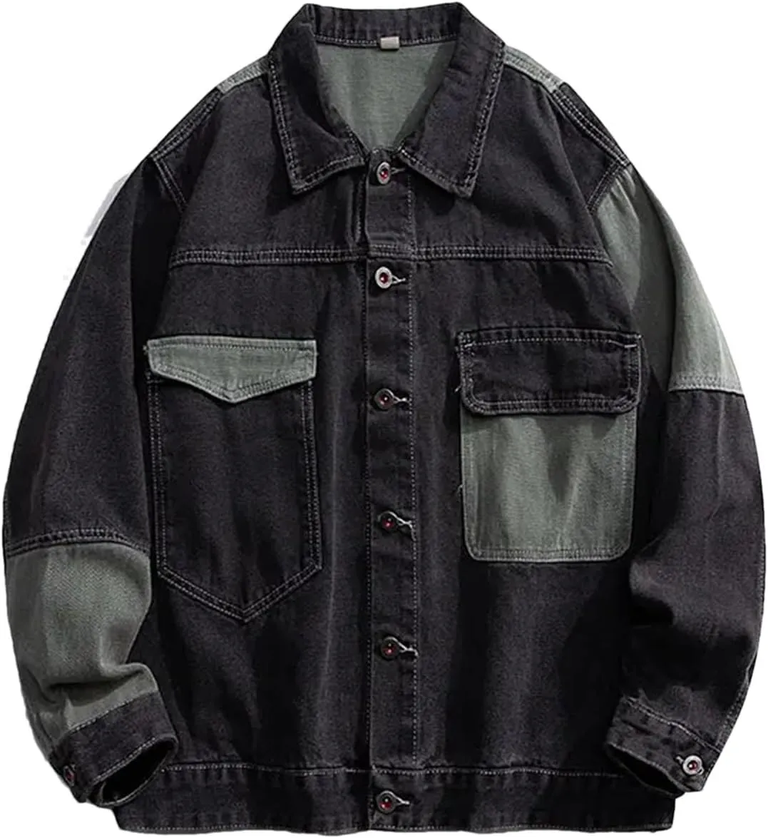 Men's Denim Jacket Men Spliced Color Blocking Spring Jean Jacket Classic Casual Denim Coat